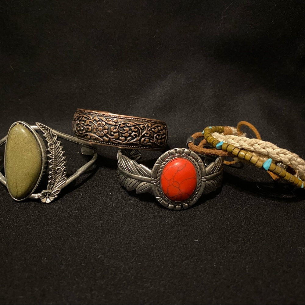 Bohemian Bracelet Set with Green and Red Stones